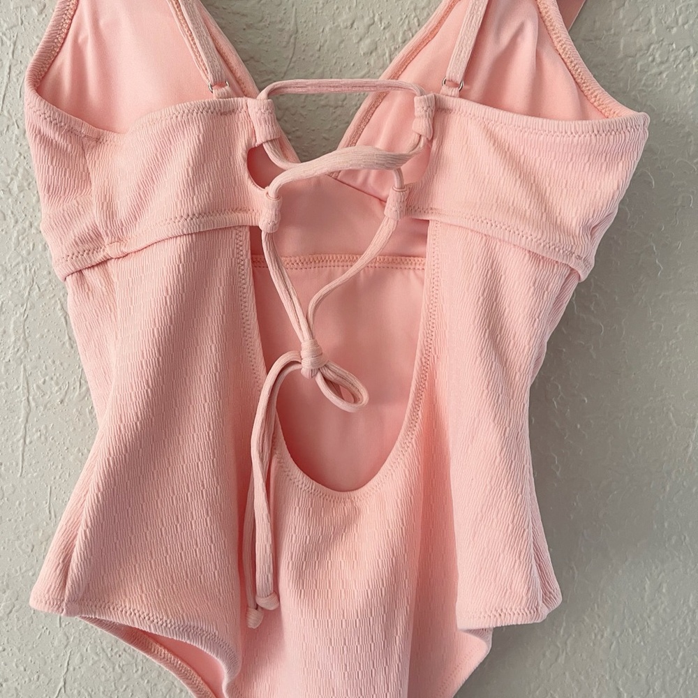 Cupshe V-Neck Pink Ruffled Lace Up Back One-Piece Cheeky Swimsuit Medium NWT - Picture 6 of 10